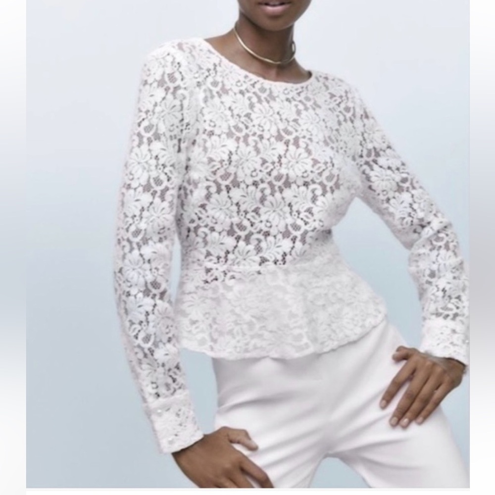 Zara Lace Peplum Long-Sleeve Top - White